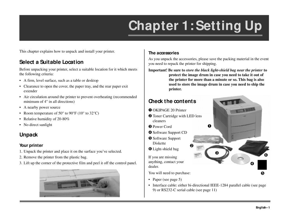 ALFA 20DX manual Setting Up, Select a Suitable Location, Unpack, Check the contents 