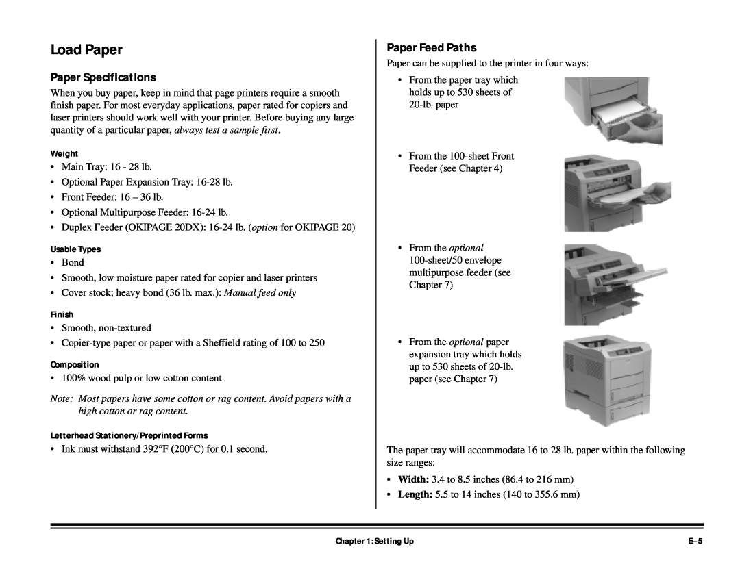 ALFA 20DX Load Paper, Paper Specifications, Paper Feed Paths, Weight, Usable Types, Finish, Composition, Setting Up 