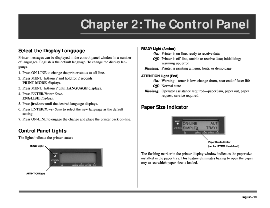 ALFA 20DX manual The Control Panel, Select the Display Language, Control Panel Lights, Paper Size Indicator, English-13 