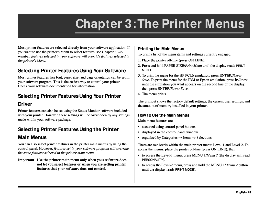 ALFA 20DX The Printer Menus, Selecting Printer Features Using Your Printer Driver, Printing the Main Menus, English-15 