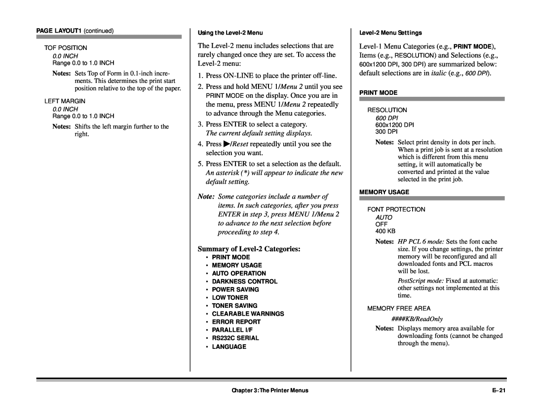 ALFA 20DX manual Using the Level-2 Menu, Level-2 Menu Settings, Summary of Level-2 Categories, The Printer Menus 