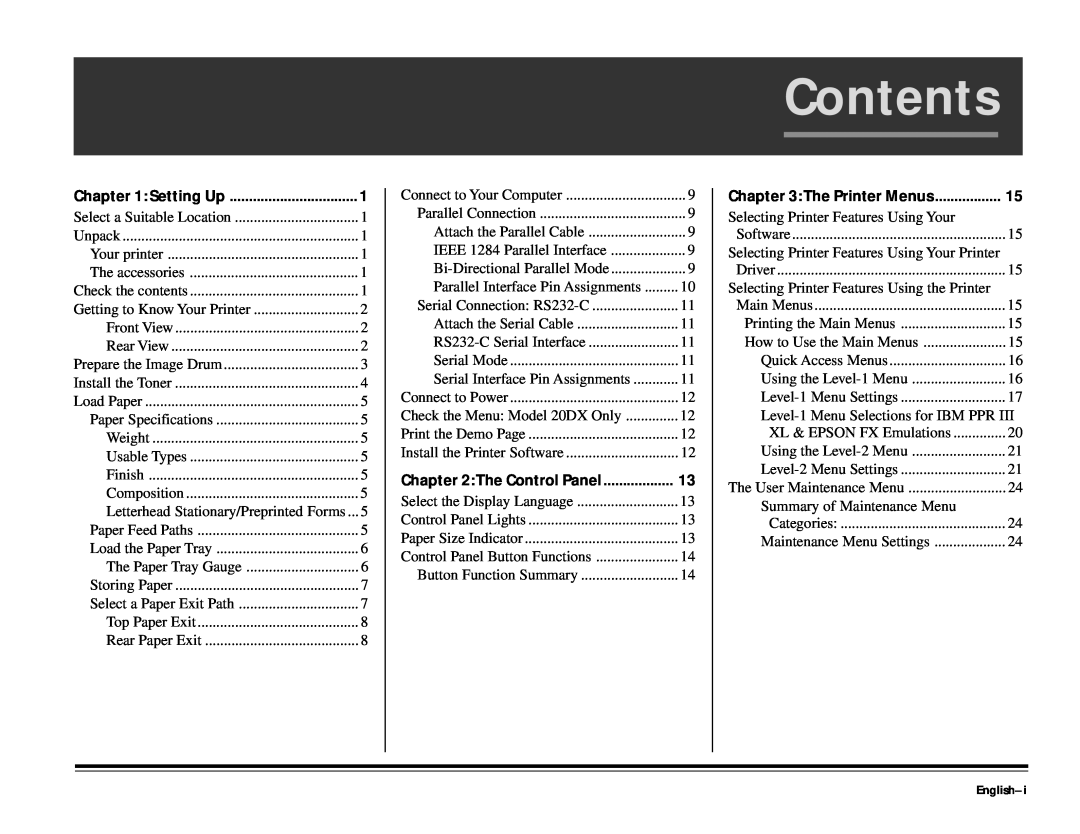 ALFA 20DX manual Contents, English-i 