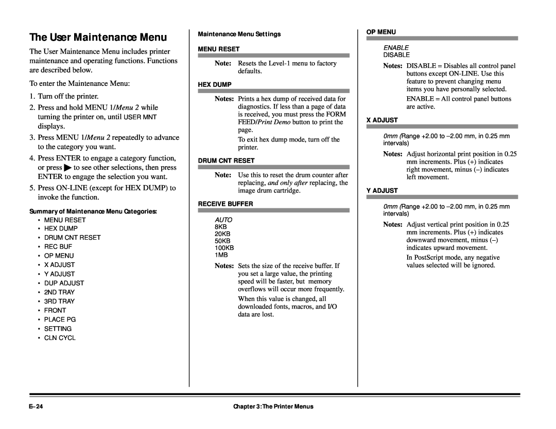 ALFA 20DX manual The User Maintenance Menu, Summary of Maintenance Menu Categories, Maintenance Menu Settings, E-24 