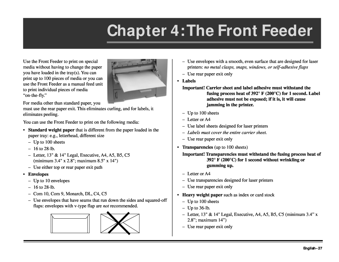 ALFA 20DX manual The Front Feeder, English-27, Envelopes, Labels must cover the entire carrier sheet 