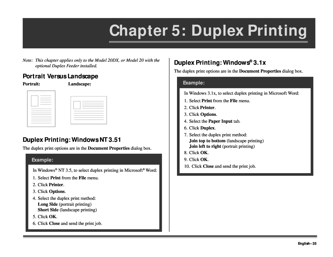 ALFA 20DX manual Portrait Versus Landscape, Duplex Printing Windows NT, English-35, PortraitLandscape, Example 