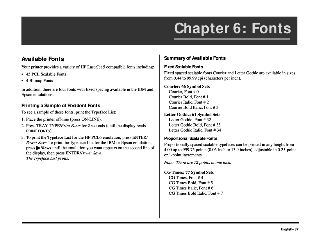 ALFA 20DX Printing a Sample of Resident Fonts, Summary of Available Fonts, Fixed Scalable Fonts, English-37 