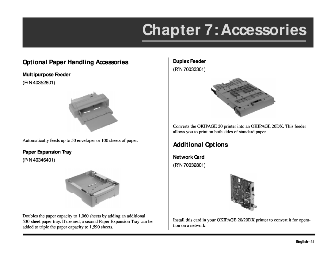 ALFA 20 Optional Paper Handling Accessories, Additional Options, Multipurpose Feeder P/N, Paper Expansion Tray P/N 