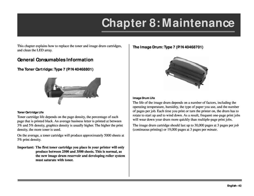 ALFA 20DX manual Maintenance, General Consumables Information, The Toner Cartridge Type 7 P/N, The Image Drum Type 7 P/N 