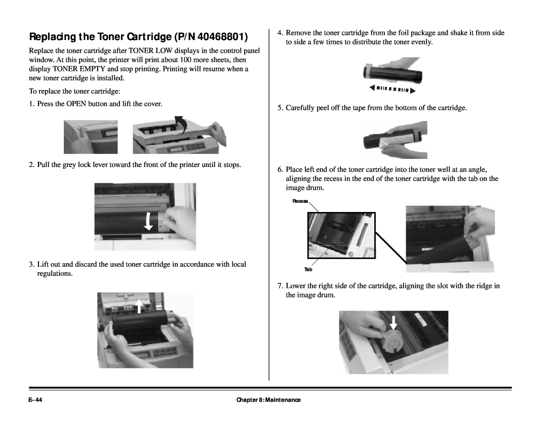 ALFA 20DX manual Replacing the Toner Cartridge P/N, E-44 
