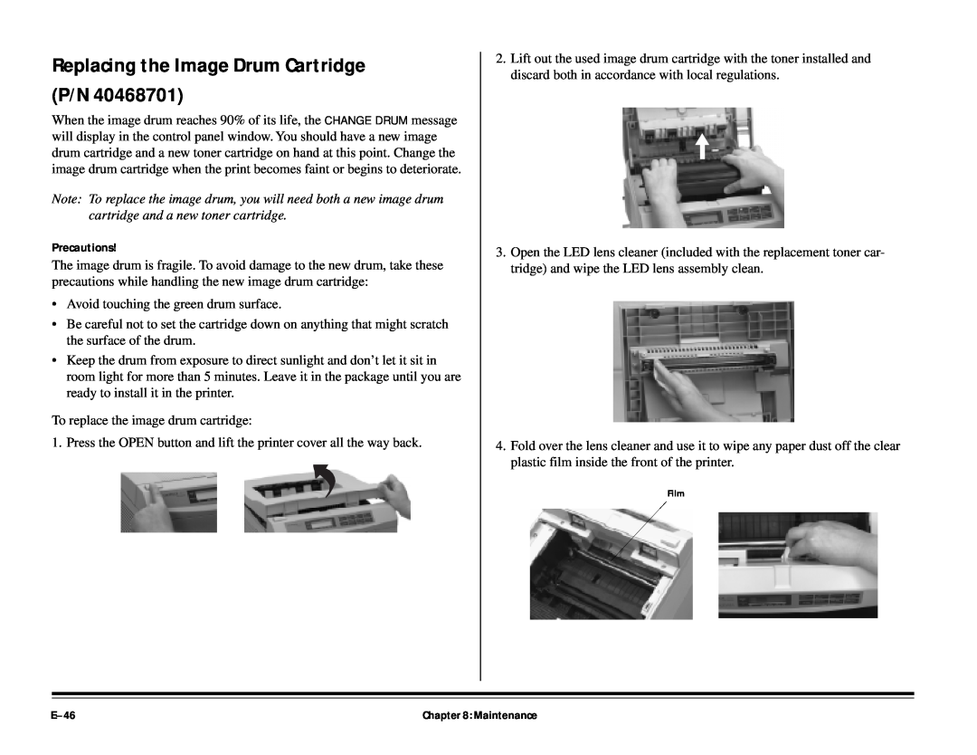 ALFA 20DX manual Replacing the Image Drum Cartridge P/N, Precautions, E-46 