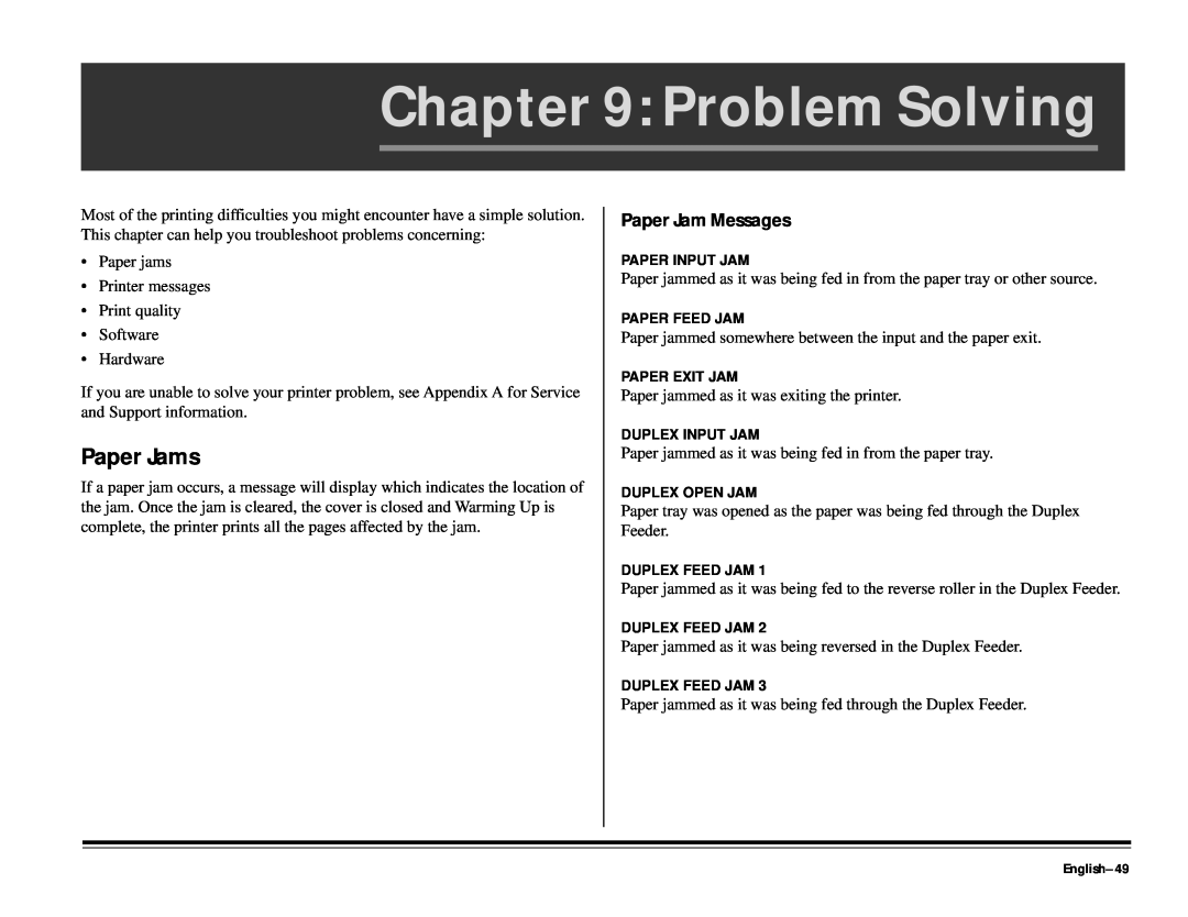 ALFA 20DX manual Problem Solving, Paper Jams, Paper Jam Messages, English-49 