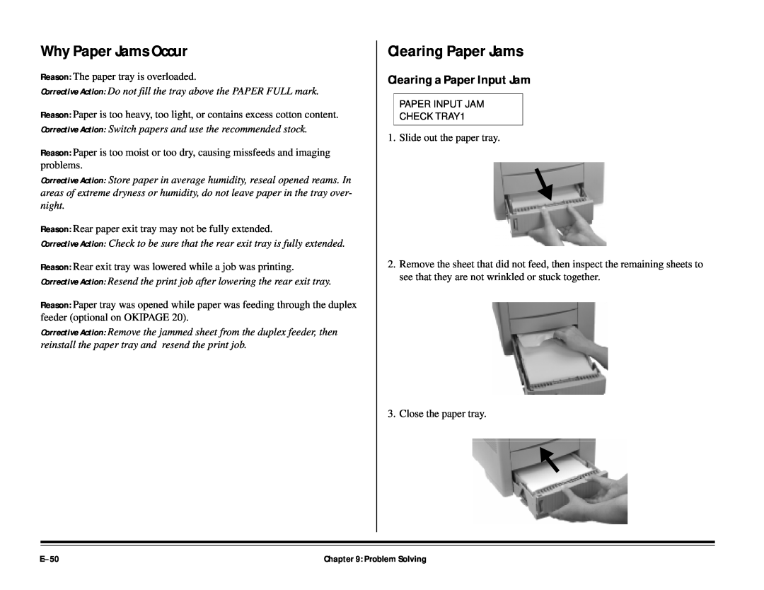 ALFA 20DX manual Why Paper Jams Occur, Clearing Paper Jams, Clearing a Paper Input Jam, E-50 
