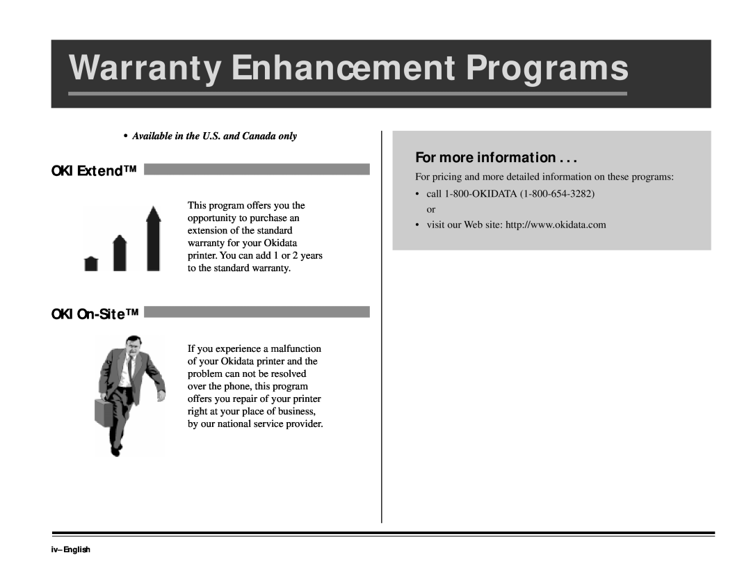 ALFA 20DX manual Warranty Enhancement Programs, OKI Extend, OKI On-Site, For more information, iv-English 