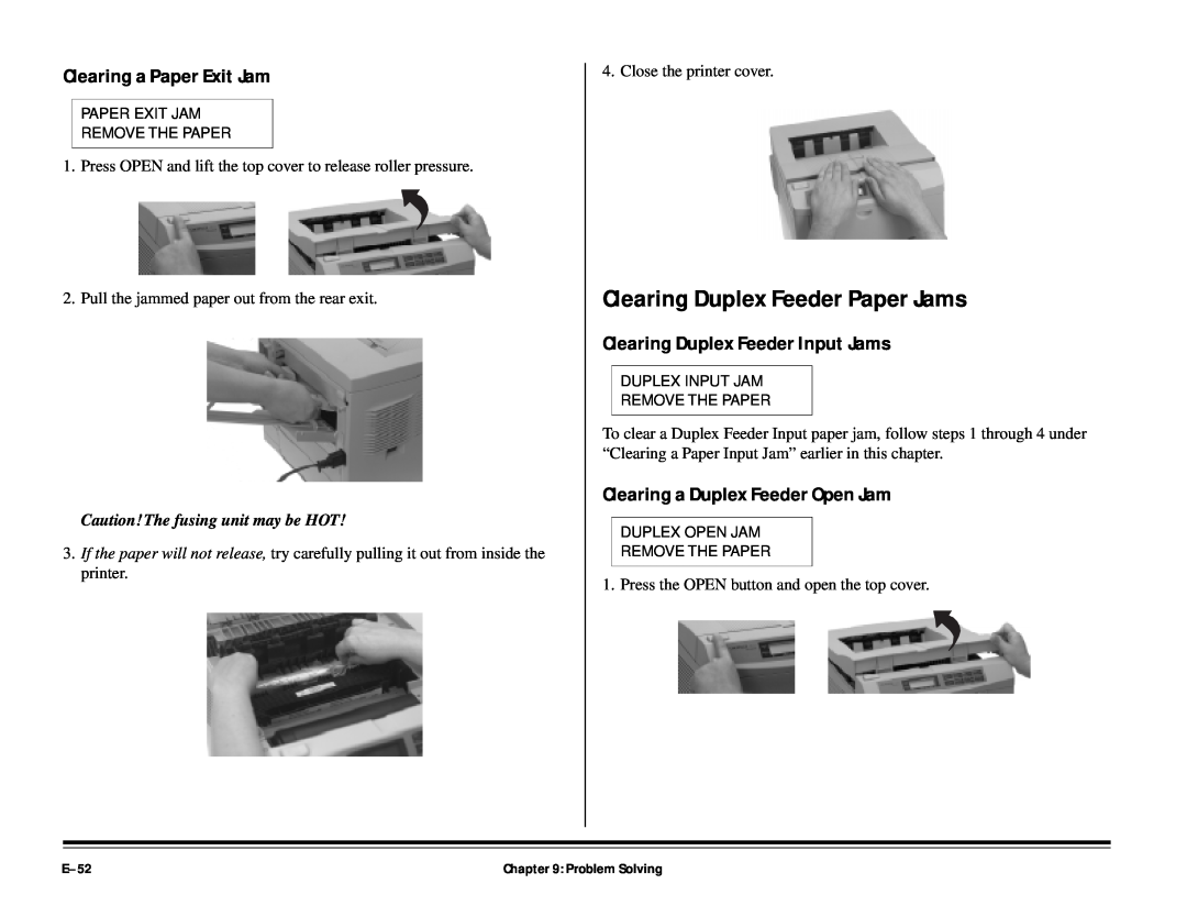 ALFA 20DX manual Clearing Duplex Feeder Paper Jams, Clearing a Paper Exit Jam, Clearing Duplex Feeder Input Jams, E-52 