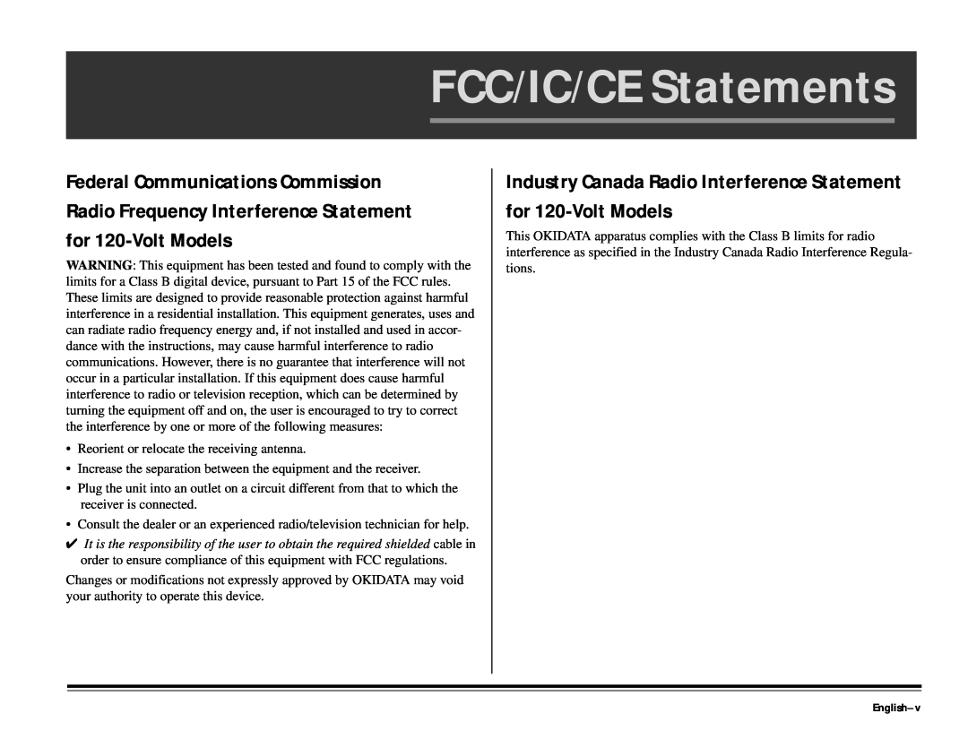 ALFA 20DX manual FCC/IC/CE Statements, Industry Canada Radio Interference Statement for 120-Volt Models, English-v 
