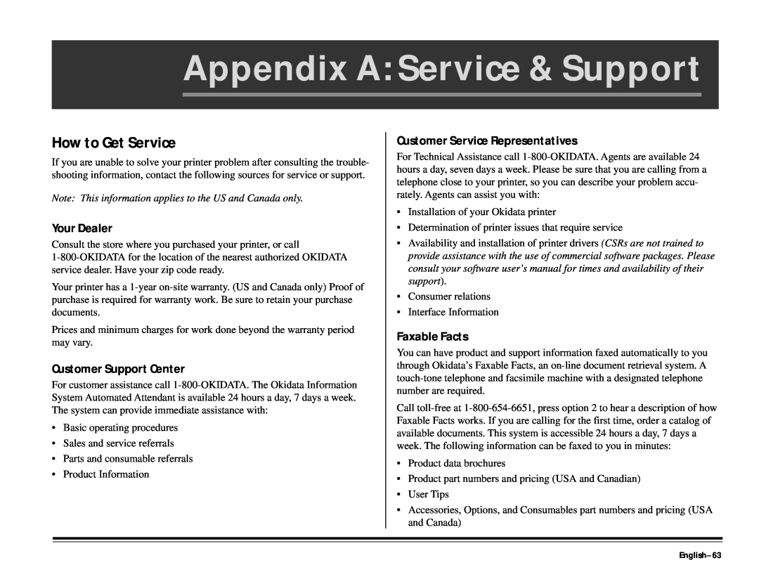 ALFA 20 Appendix A Service & Support, How to Get Service, Your Dealer, Customer Support Center, Faxable Facts, English-63 