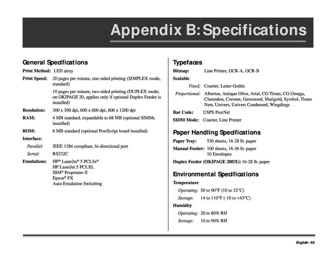 ALFA 20 Appendix B Specifications, General Specifications, Typefaces, Paper Handling Specifications, English-65, Interface 