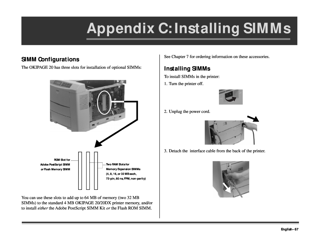 ALFA 20DX manual Appendix C Installing SIMMs, English-67, SIMM Configurations 