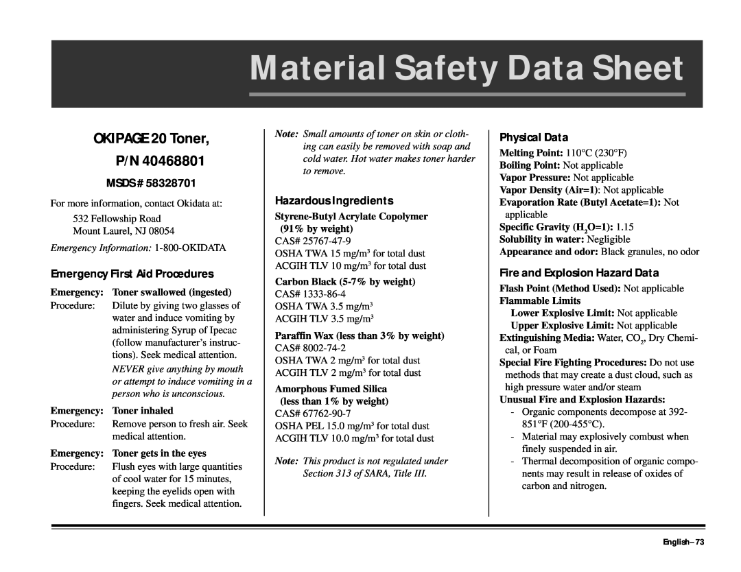 ALFA Material Safety Data Sheet, OKIPAGE 20 Toner P/N, Msds #, Emergency First Aid Procedures, Hazardous Ingredients 