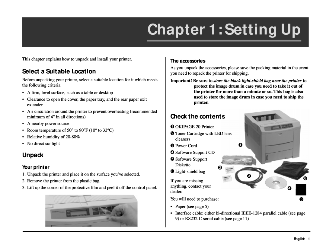 ALFA 20DX Setting Up, Select a Suitable Location, Unpack, Check the contents, Your printer, The accessories, English-1 