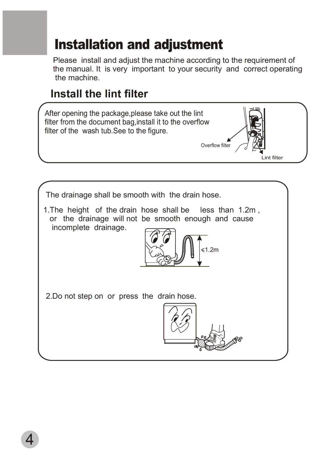 ALFA 40-MS user manual Installation and adjustment, Install the lint filter 