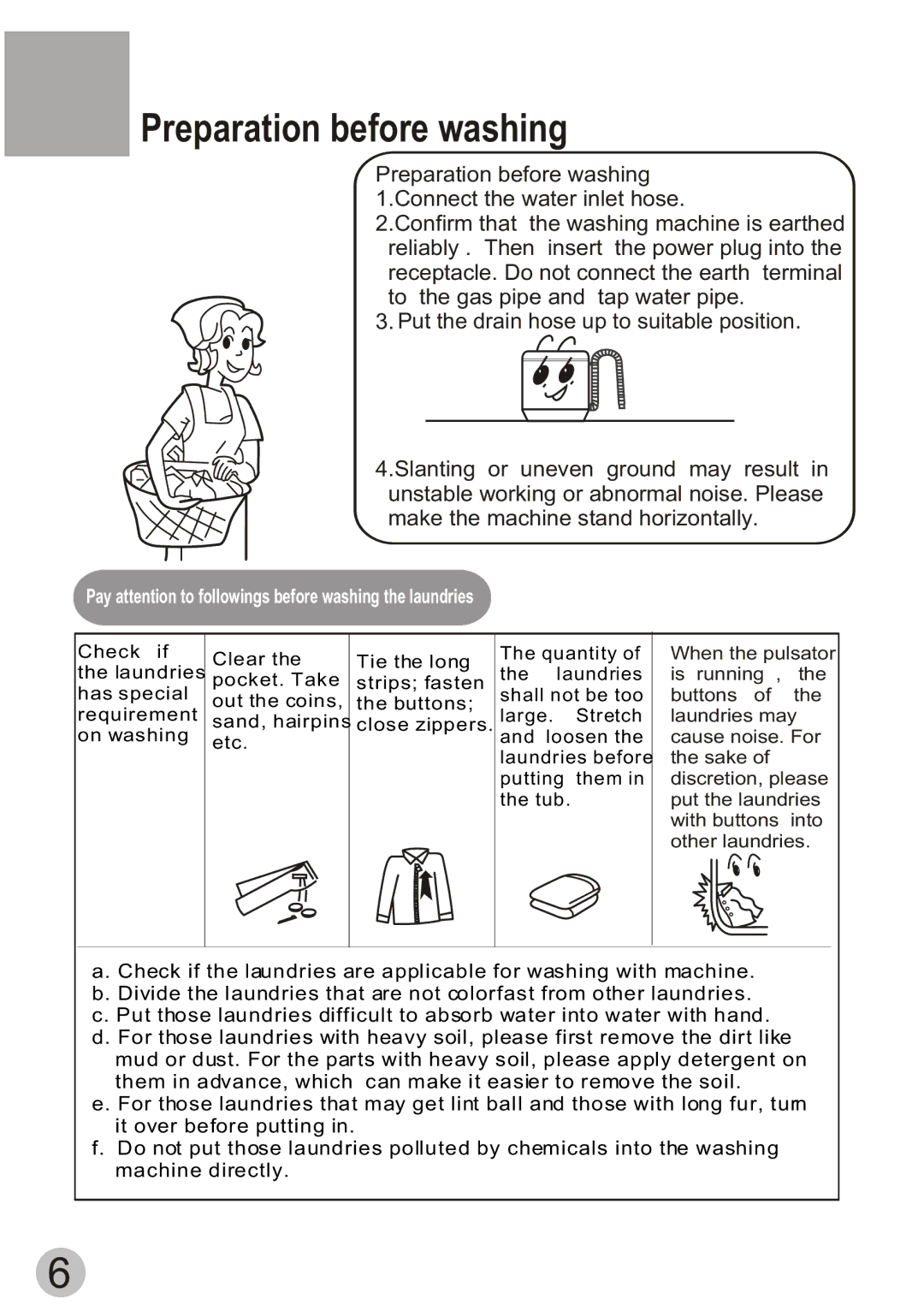 ALFA 40-MS user manual Preparation before washing, Pay attention to followings before washing the laundries 