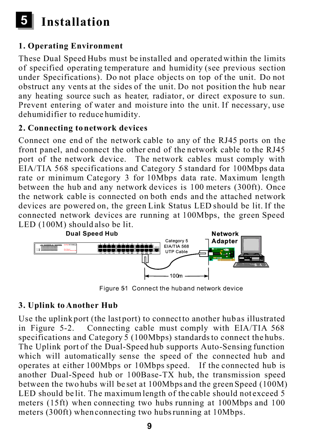 ALFA ADH16SB, ADH32SB, ADH24SB Installation, Operating Environment, Connecting to network devices, Uplink to Another Hub 