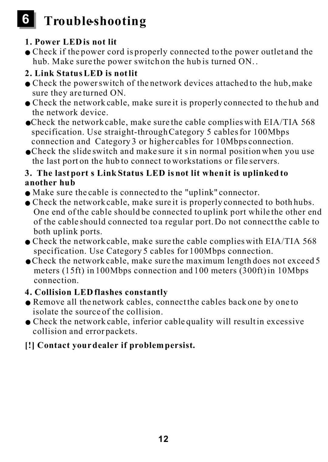 ALFA ADH16SB, ADH32SB Trouble-shooting, Power LED is not lit, Link Status LED is not lit, Collision LED flashes constantly 