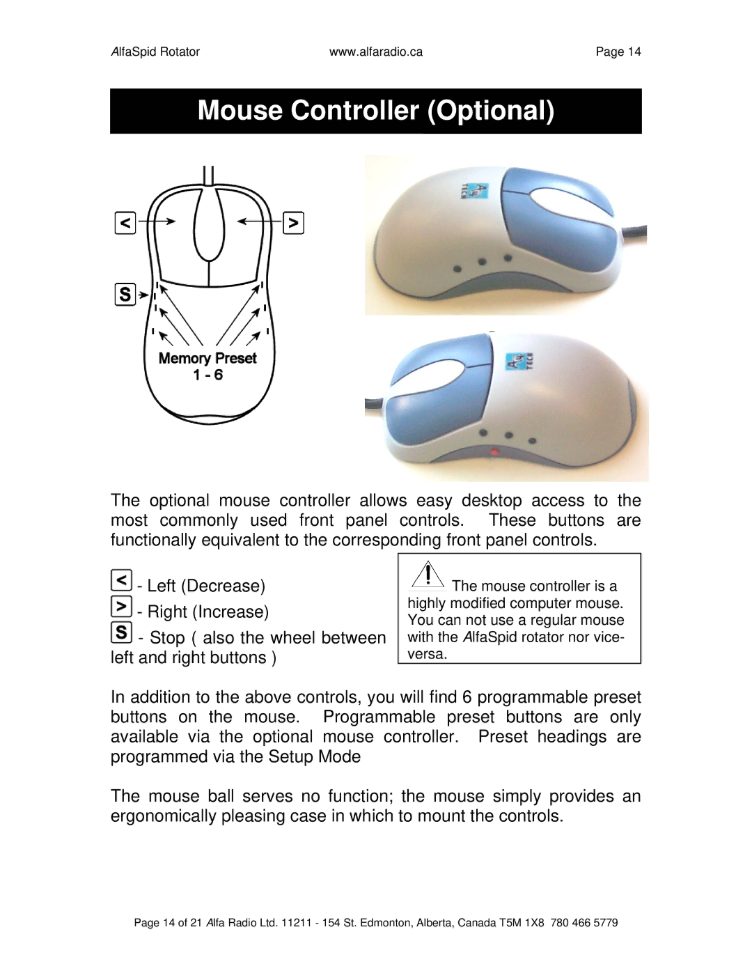 ALFA SPID ROTATOR AND CONTROLLER instruction manual Mouse Controller Optional 