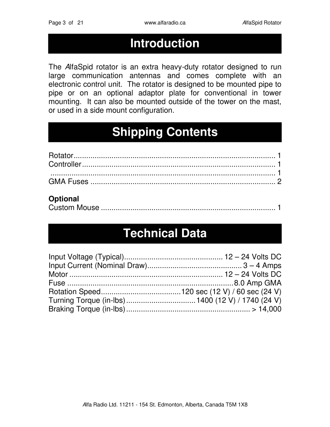 ALFA SPID ROTATOR AND CONTROLLER instruction manual Introduction, Shipping Contents, Technical Data, Optional 