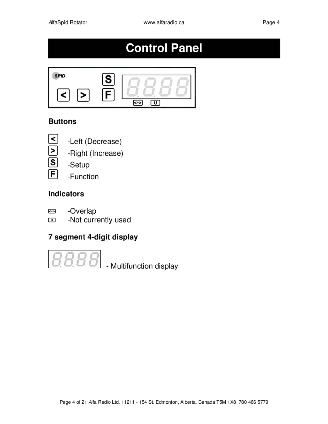 ALFA SPID ROTATOR AND CONTROLLER instruction manual Buttons, Indicators, Segment 4-digit display 