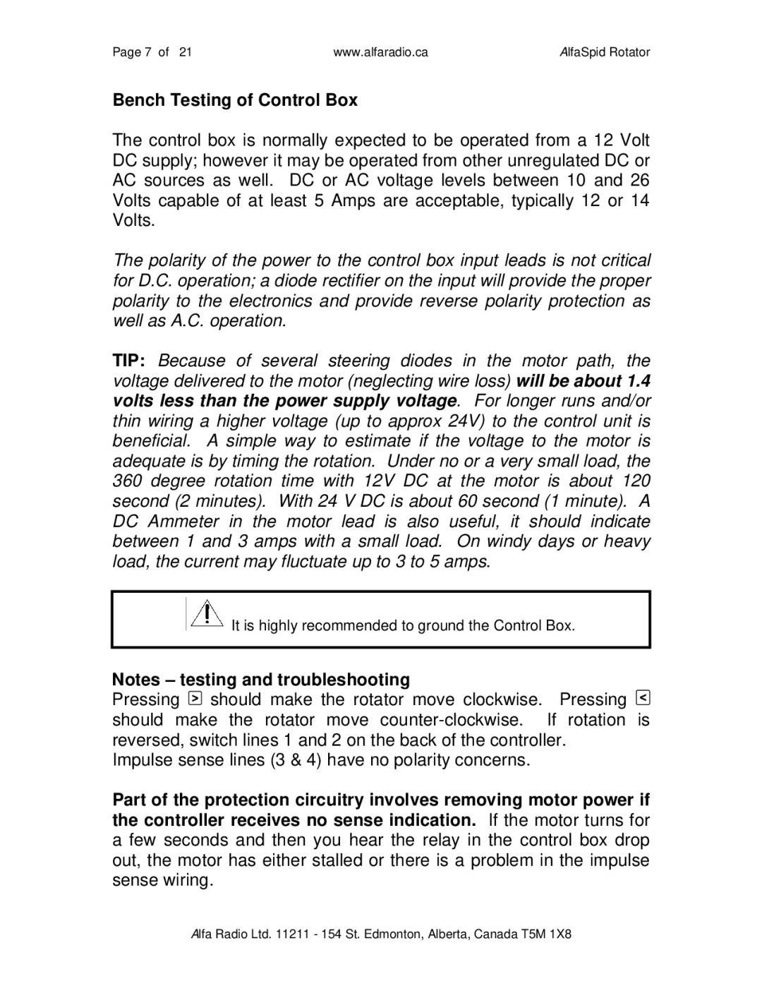 ALFA SPID ROTATOR AND CONTROLLER instruction manual Bench Testing of Control Box 