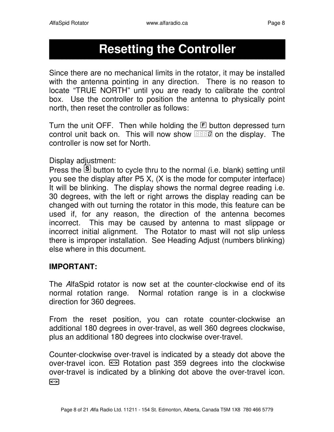 ALFA SPID ROTATOR AND CONTROLLER instruction manual Resetting the Controller 