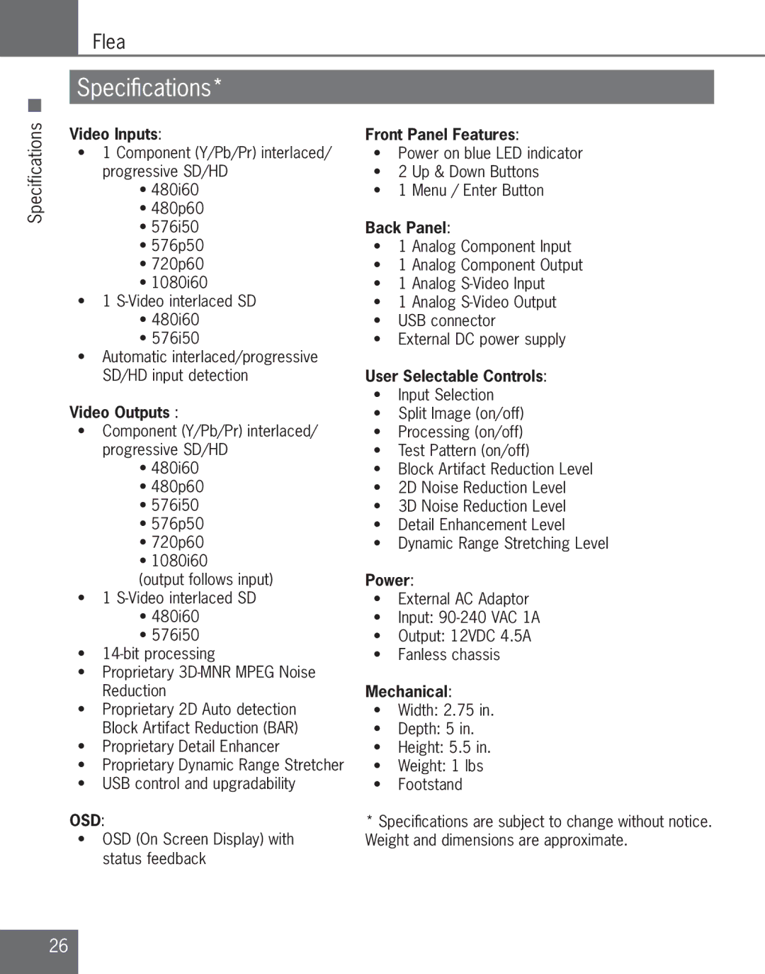 Algolith C3012-8001-200 manual Speciﬁ cations, Video Inputs 