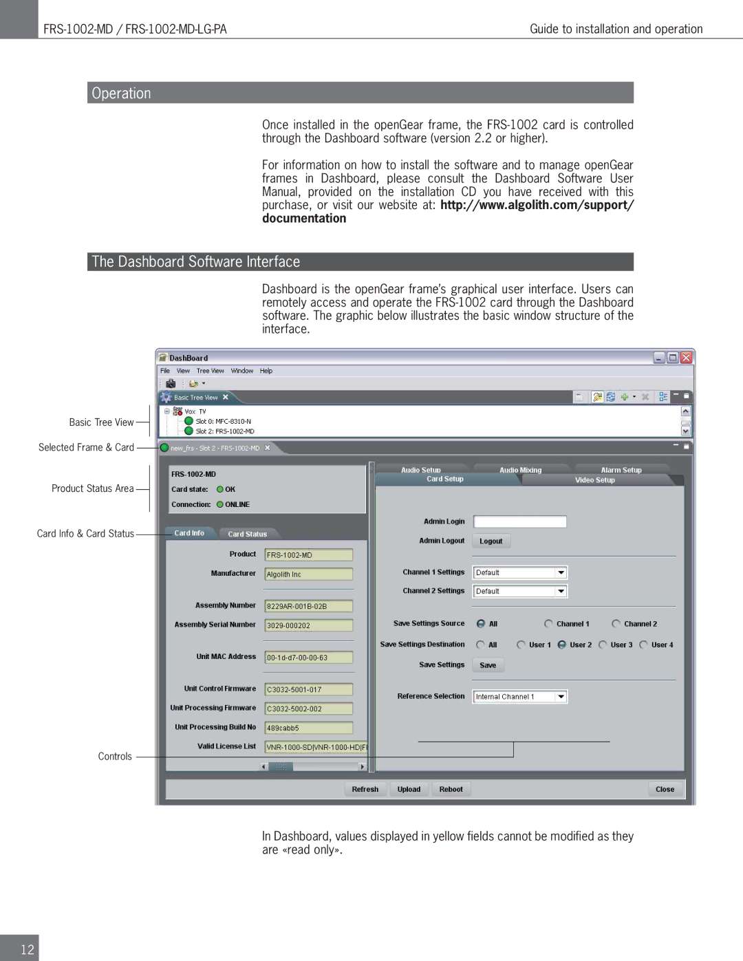 Algolith FRS-1002-MD operation manual Operation, Dashboard Software Interface 