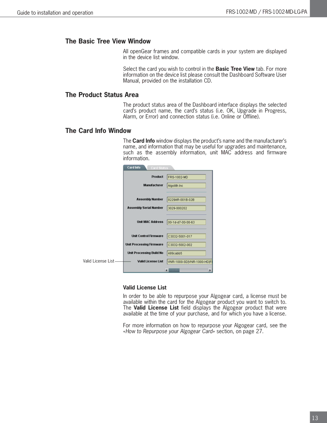 Algolith FRS-1002-MD operation manual Basic Tree View Window, Product Status Area, Card Info Window, Valid License List 