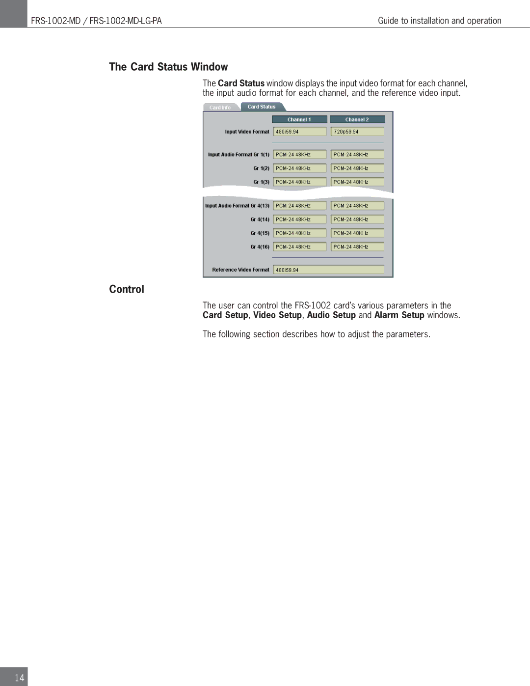 Algolith FRS-1002-MD operation manual Card Status Window, Control 