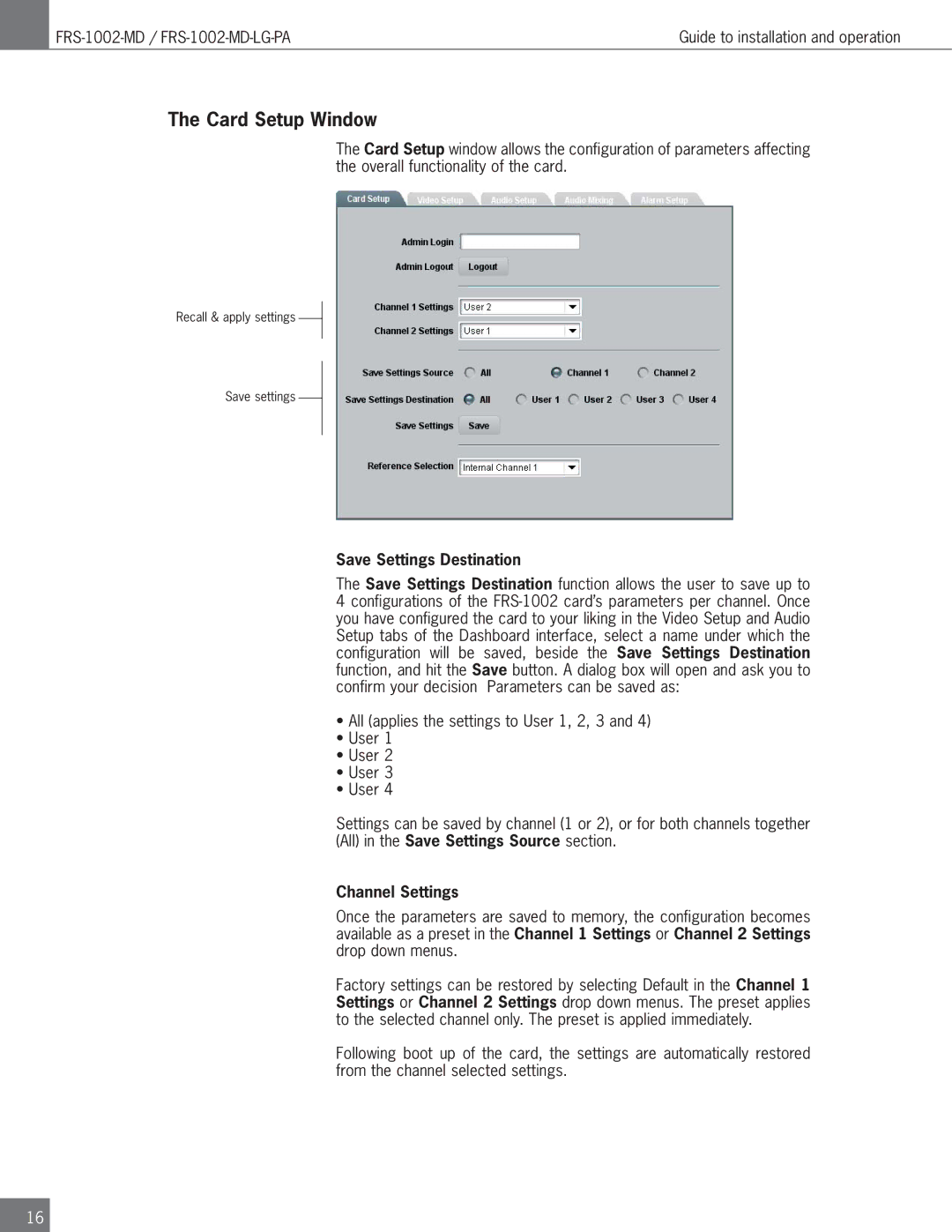 Algolith FRS-1002-MD operation manual Card Setup Window, Save Settings Destination, Channel Settings 