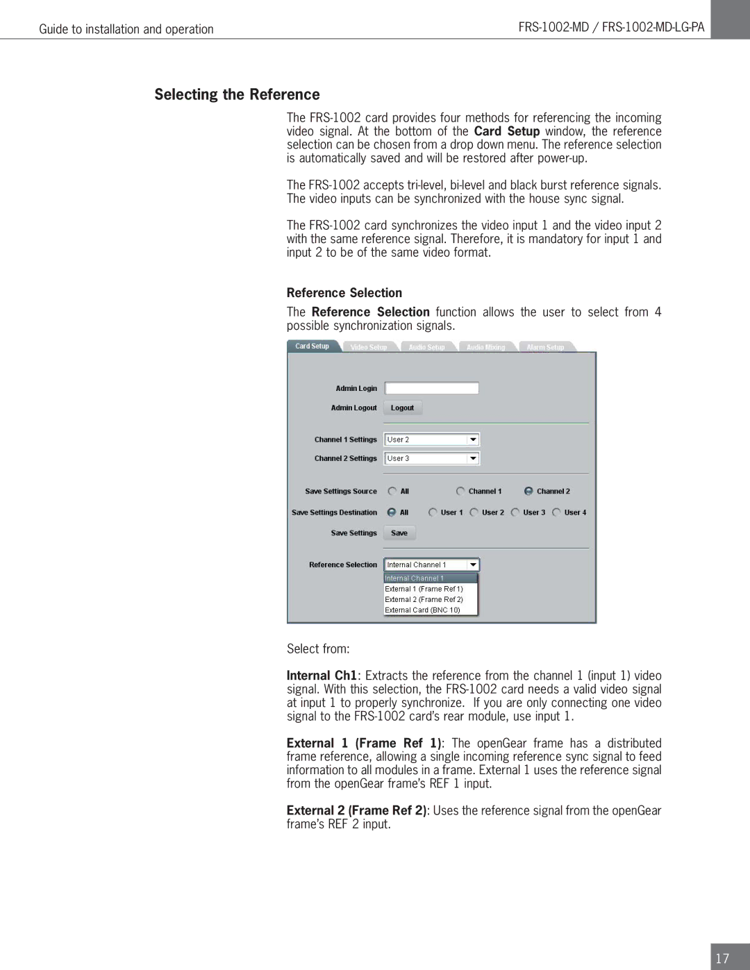 Algolith FRS-1002-MD operation manual Selecting the Reference, Reference Selection 