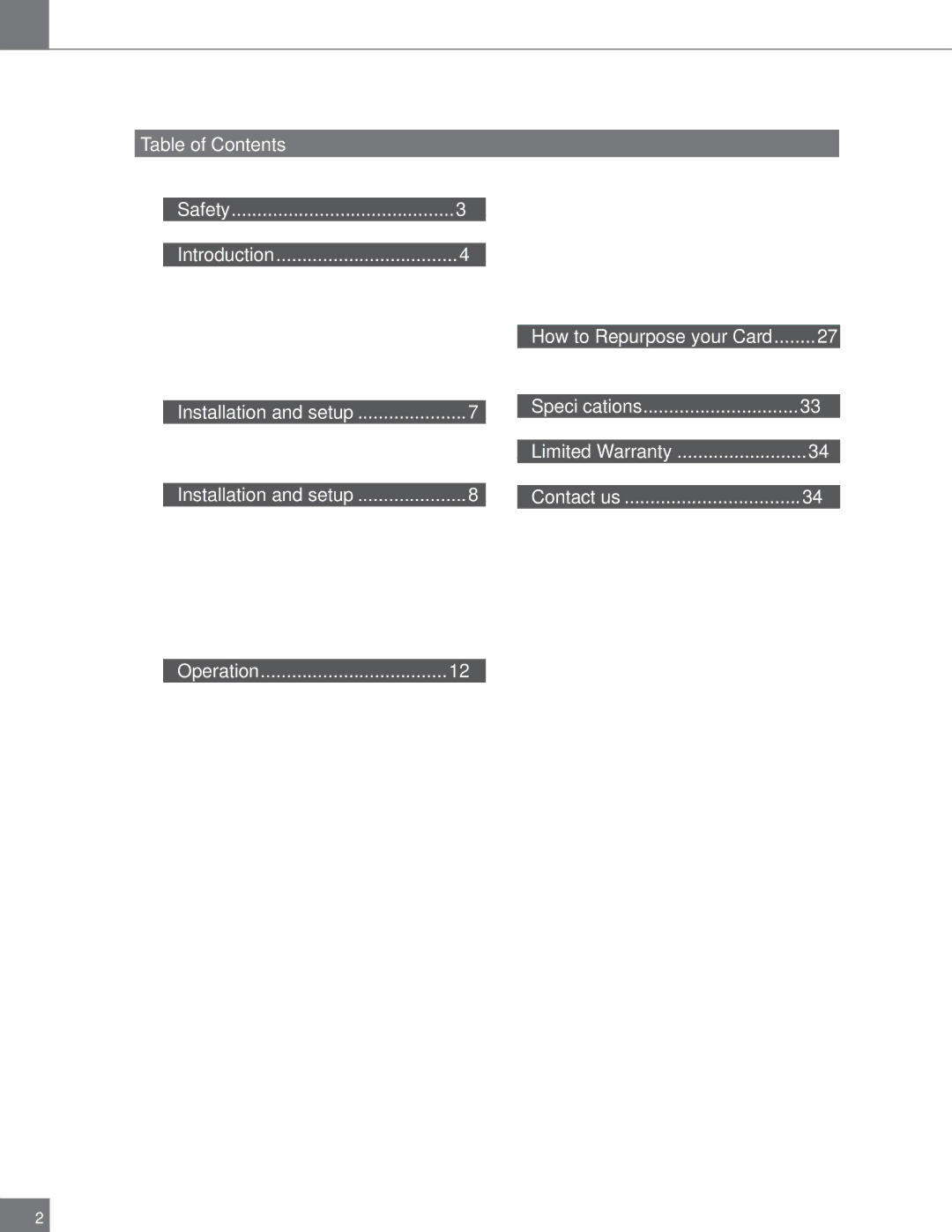 Algolith FRS-1002-MD Table of Contents Safety Introduction, Installation and setup, Operation, How to Repurpose your Card 