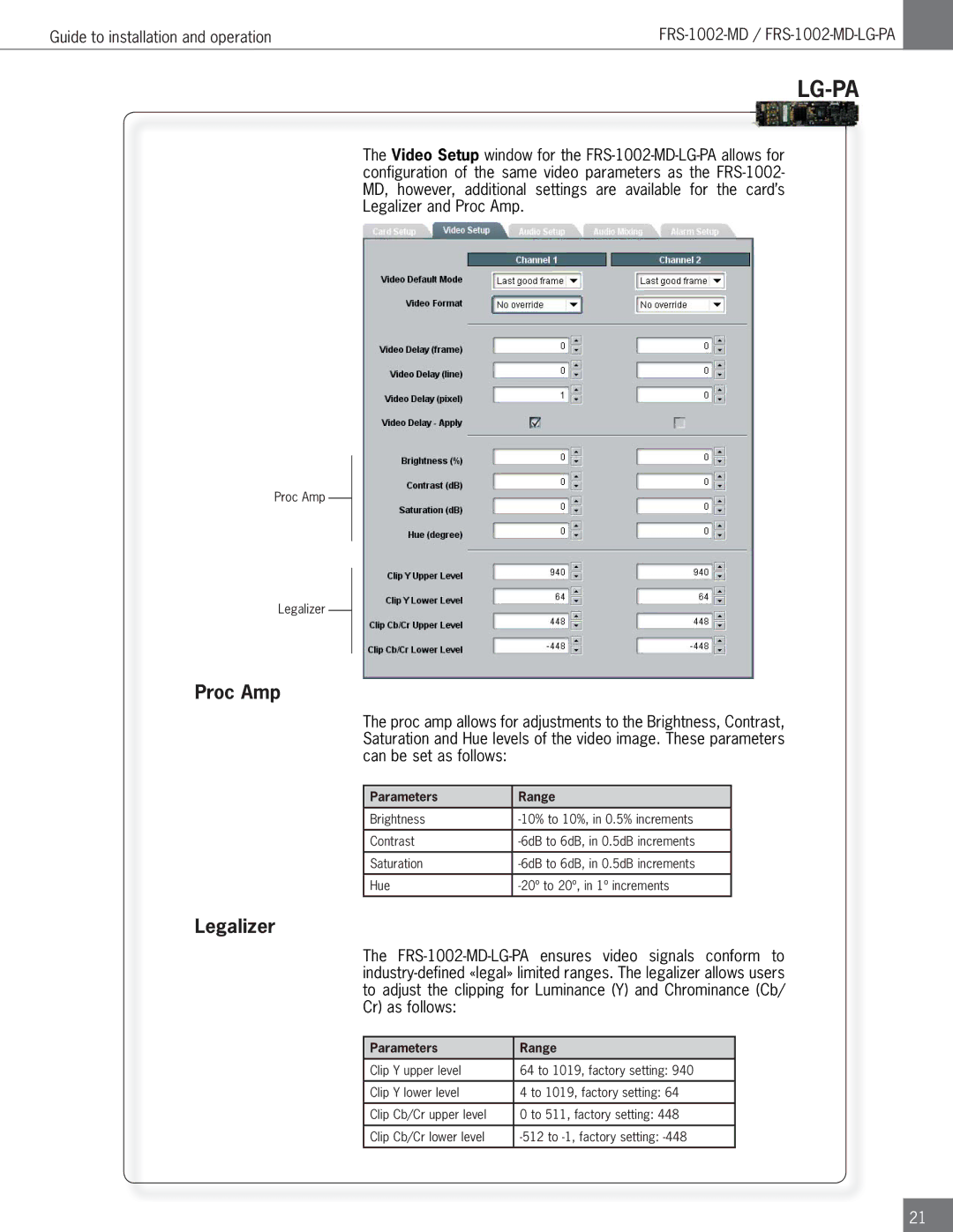 Algolith FRS-1002-MD operation manual Proc Amp, Legalizer 