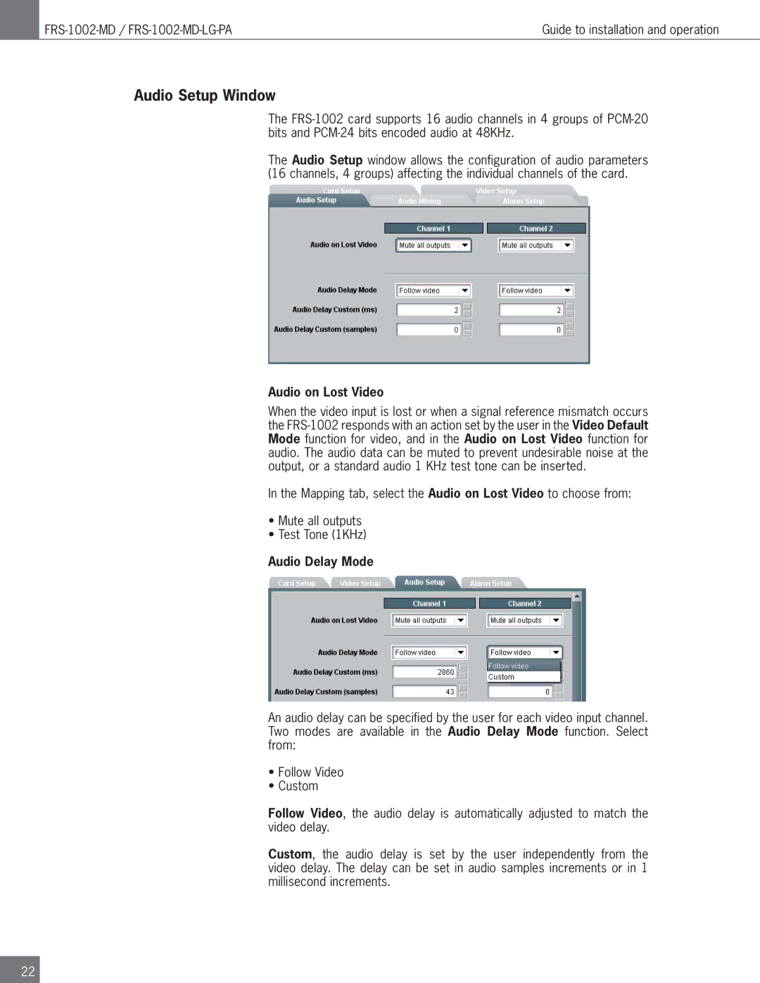 Algolith FRS-1002-MD operation manual Audio Setup Window, Audio on Lost Video, Audio Delay Mode 