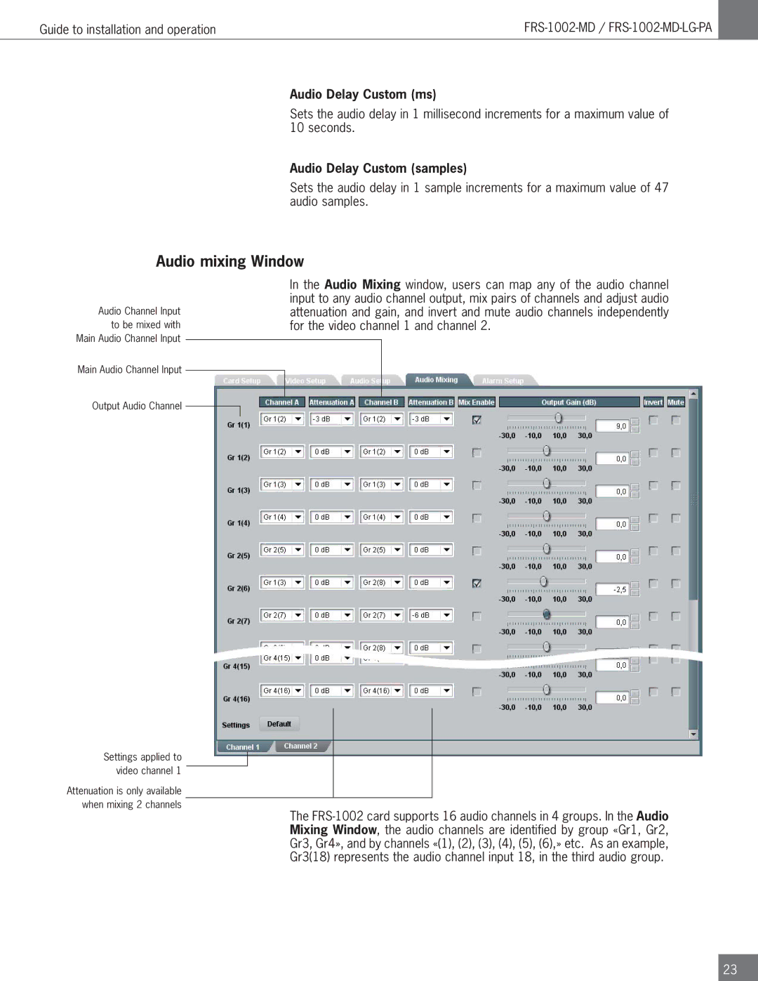 Algolith FRS-1002-MD operation manual Audio mixing Window, Audio Delay Custom ms, Audio Delay Custom samples 