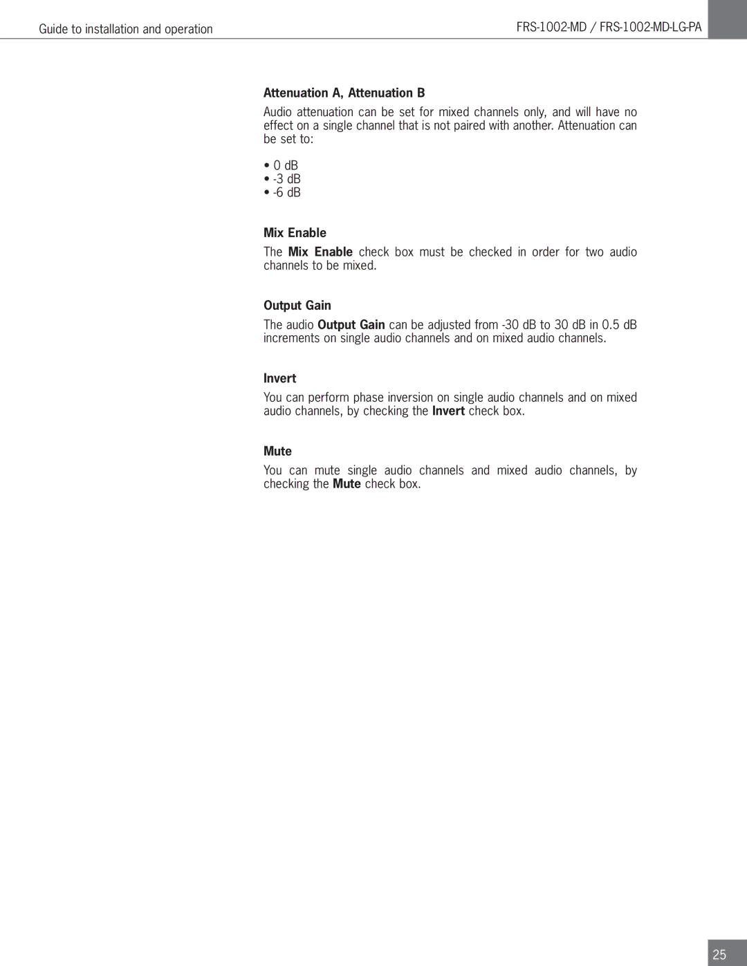 Algolith FRS-1002-MD operation manual Attenuation A, Attenuation B, Mix Enable, Output Gain, Invert, Mute 