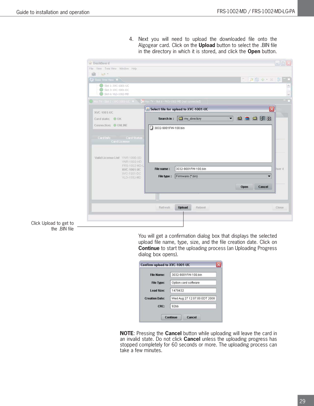 Algolith FRS-1002-MD operation manual Click Upload to get to the .BIN file 