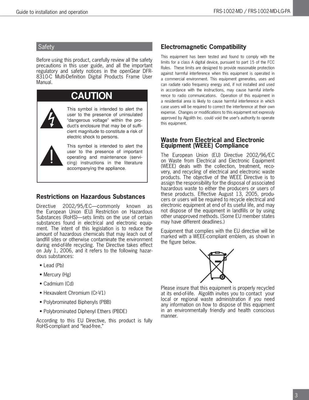 Algolith FRS-1002-MD operation manual Restrictions on Hazardous Substances, Electromagnetic Compatibility 