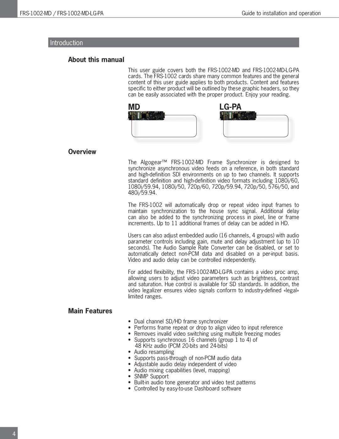 Algolith FRS-1002-MD operation manual About this manual, Overview, Main Features 