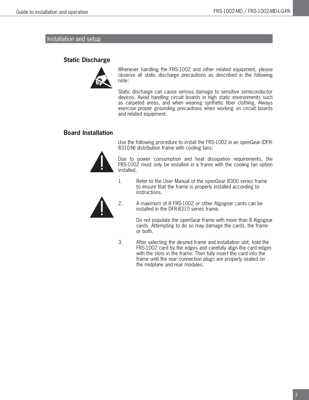 Algolith FRS-1002-MD operation manual Static Discharge, Board Installation 