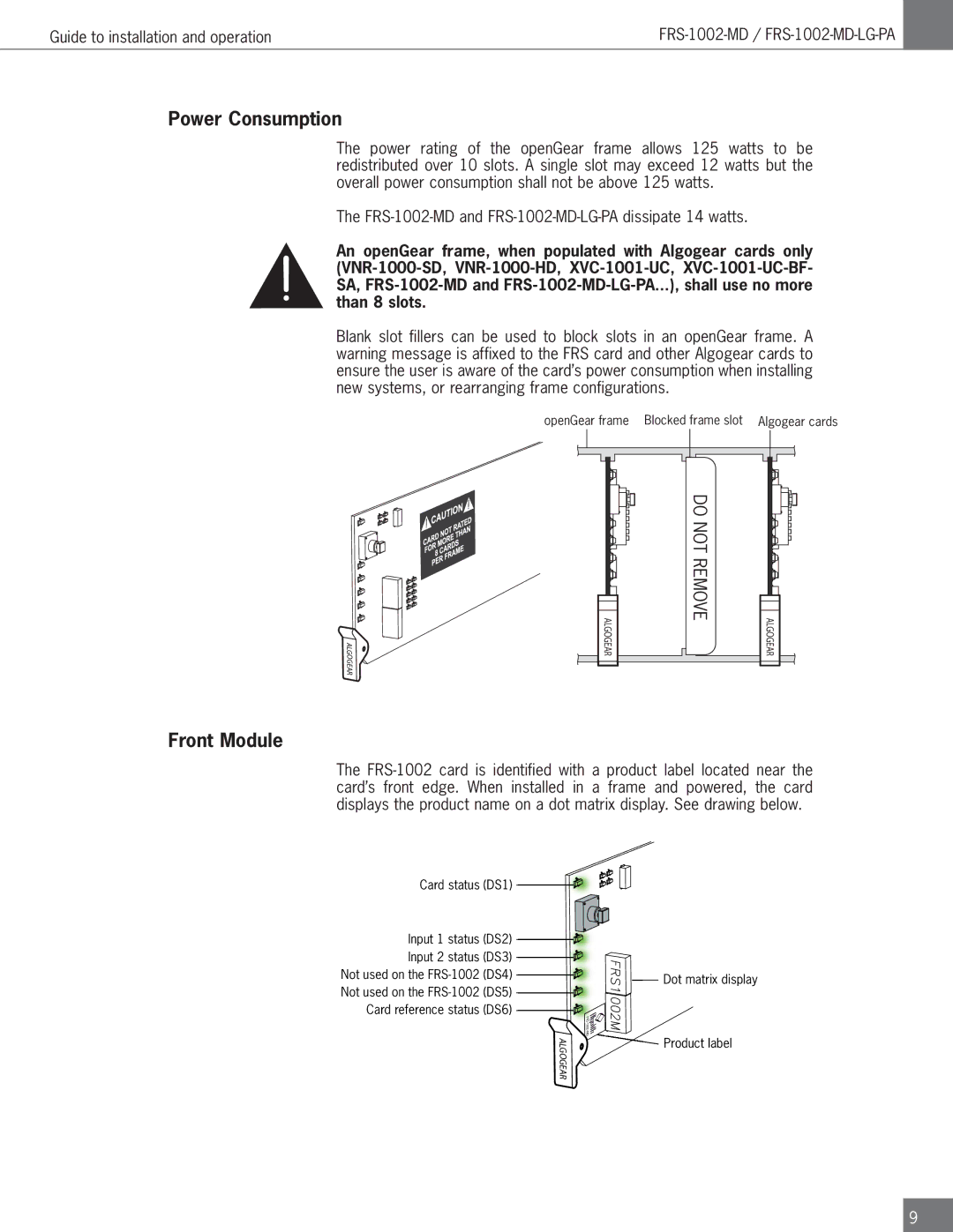 Algolith FRS-1002-MD operation manual Power Consumption, Front Module 