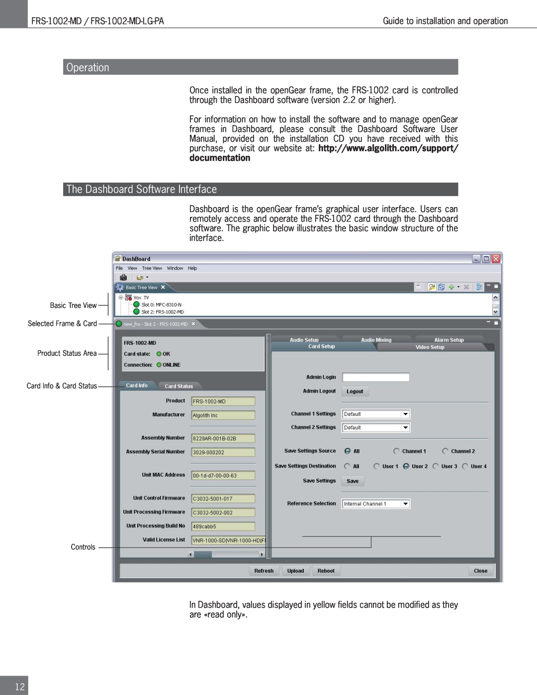 Algolith FRS-1002-MD operation manual Operation, The Dashboard Software Interface 